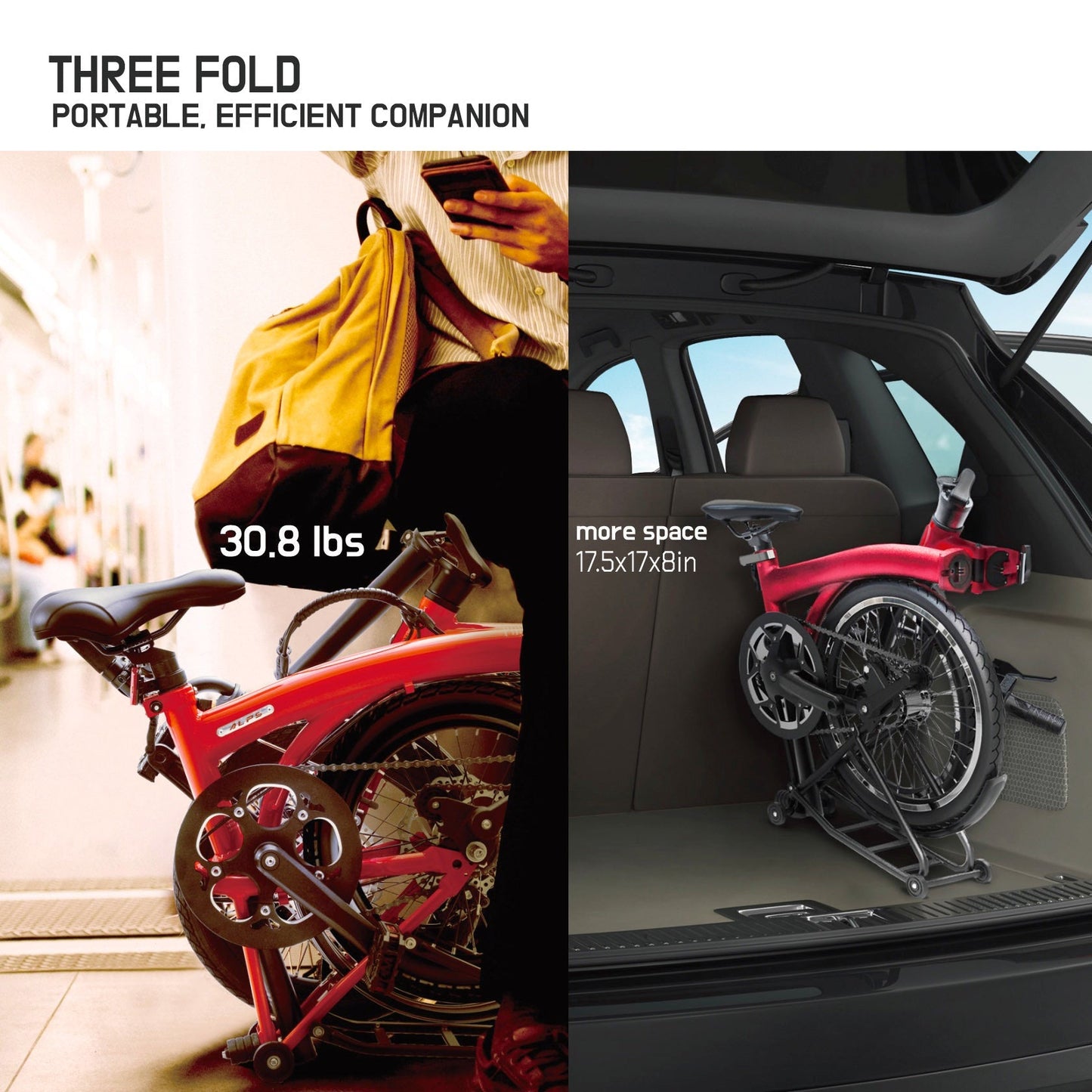 (Open Box-Like New) KOOFOLDY ALPS 3 E-bike TRI-Folding 3 Gear (Red)